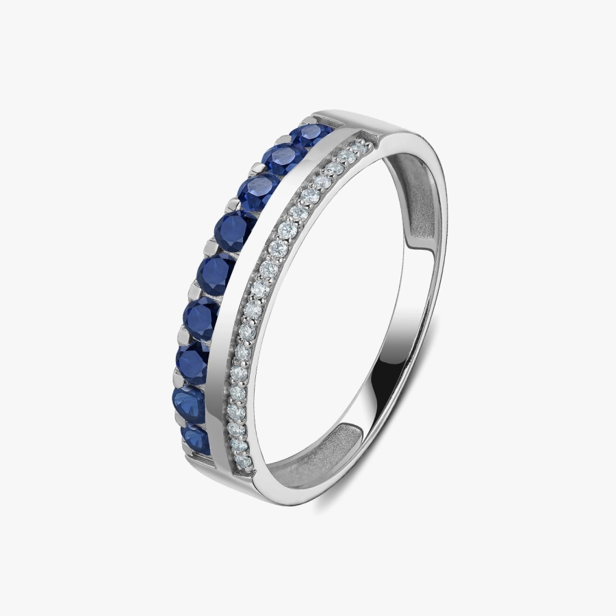 Diamond Ring with White Gold and Blue Sapphires in Two Rows - К100088с