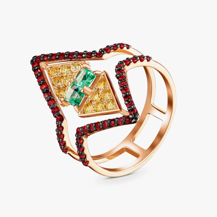 ЗОЛОТА КАБЛУЧКА ЗІ СМАРАГДАМИ, ЖОВТИМИ І ПОМАРАНЧЕВИМИ САПФІРАМИ - К100136