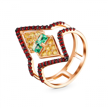 GOLD RING WITH EMERALDS, YELLOW AND ORANGE SAPPHIRES - К100136