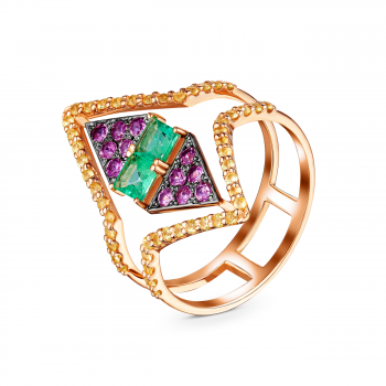 GOLD RING WITH EMERALDS, PINK AND YELLOW SAPPHIRES - К100141