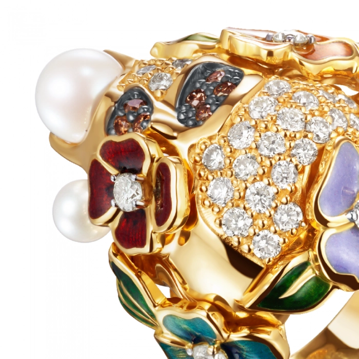 GOLD RING WITH PEARL, COGNAC AND YELLOW DIAMONDS - К100213
