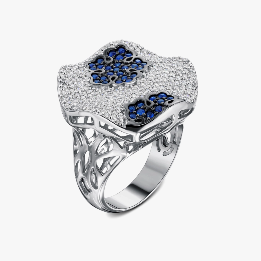 Коктейльна каблучка з білого золота з сапфірами та діамантами - К100276