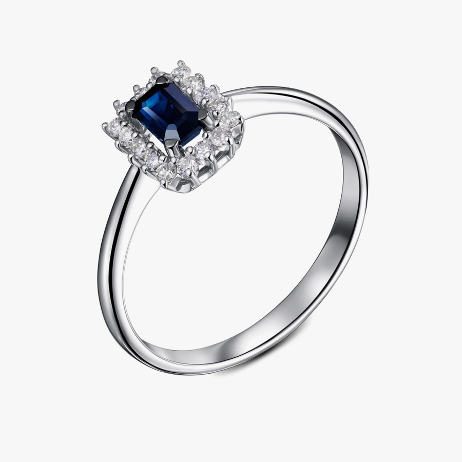 Золота каблучка з сапфіром та діамантами в обрамленні - К100388с