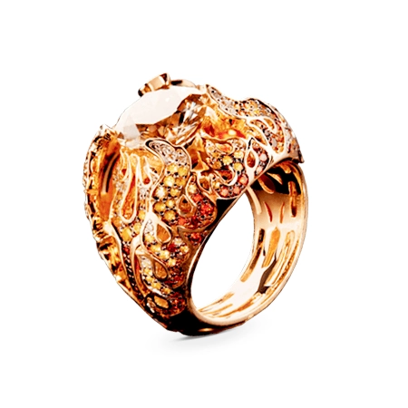 ЗОЛОТОЕ КОЛЬЦО С РУБИНАМИ, ЖЕЛТЫМИ И ОРАНЖЕВЫМИ САПФИРАМИ, ЦИТРИНАМИ И БРИЛЛИАНТАМИ — К1704