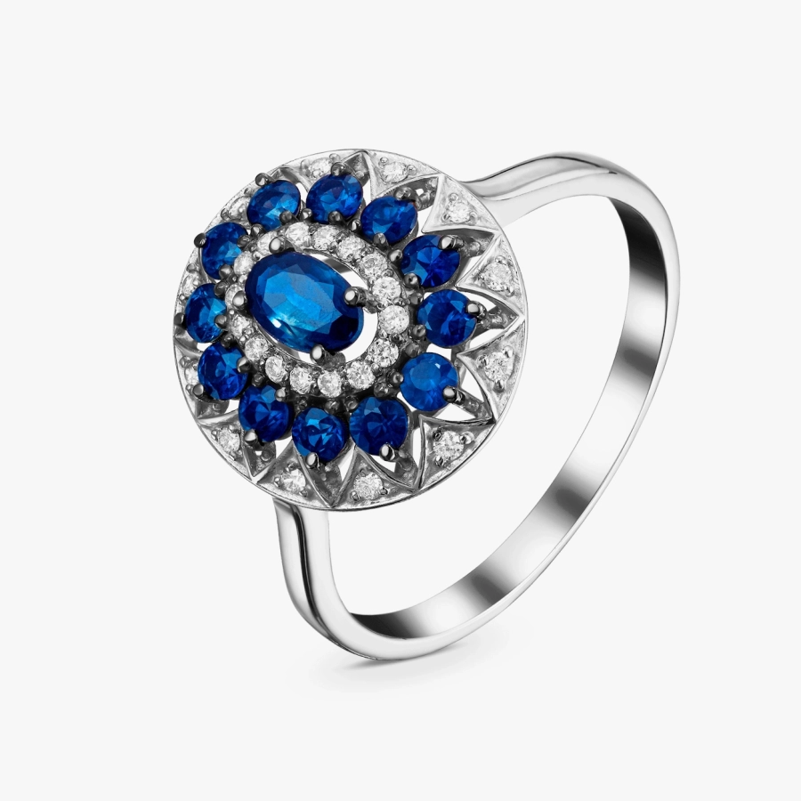 Каблучка з білого золота з діамантами та сапфірами - К1925с