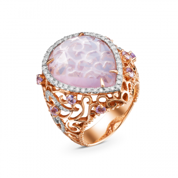 GOLD RING WITH PINK QUARTZ, AMETHYSTS AND DIAMONDS - К5000