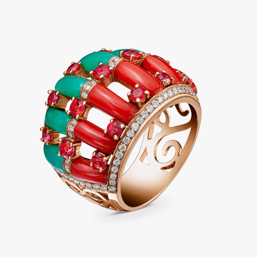 ЗОЛОТА КАБЛУЧКА З КОРАЛАМИ, ХРИЗОПРАЗАМИ, ПОМАРАНЧЕВИМИ САПФІРАМИ І ДІАМАНТАМИ - К8002