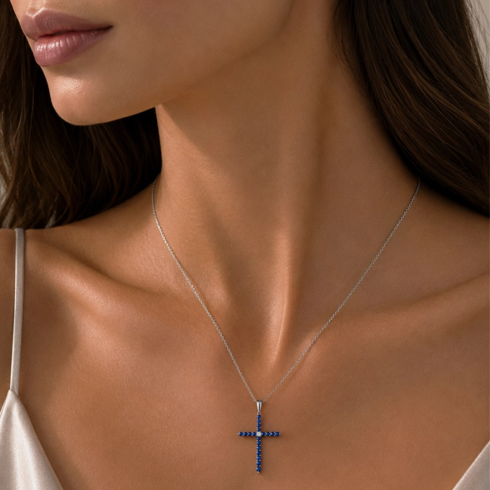 Cross Pendant with Sapphires and Diamond - П203с