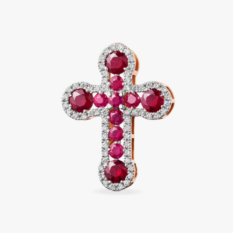 Підвіс хрест з рубінами та діамантами в червоному золоті — П283р