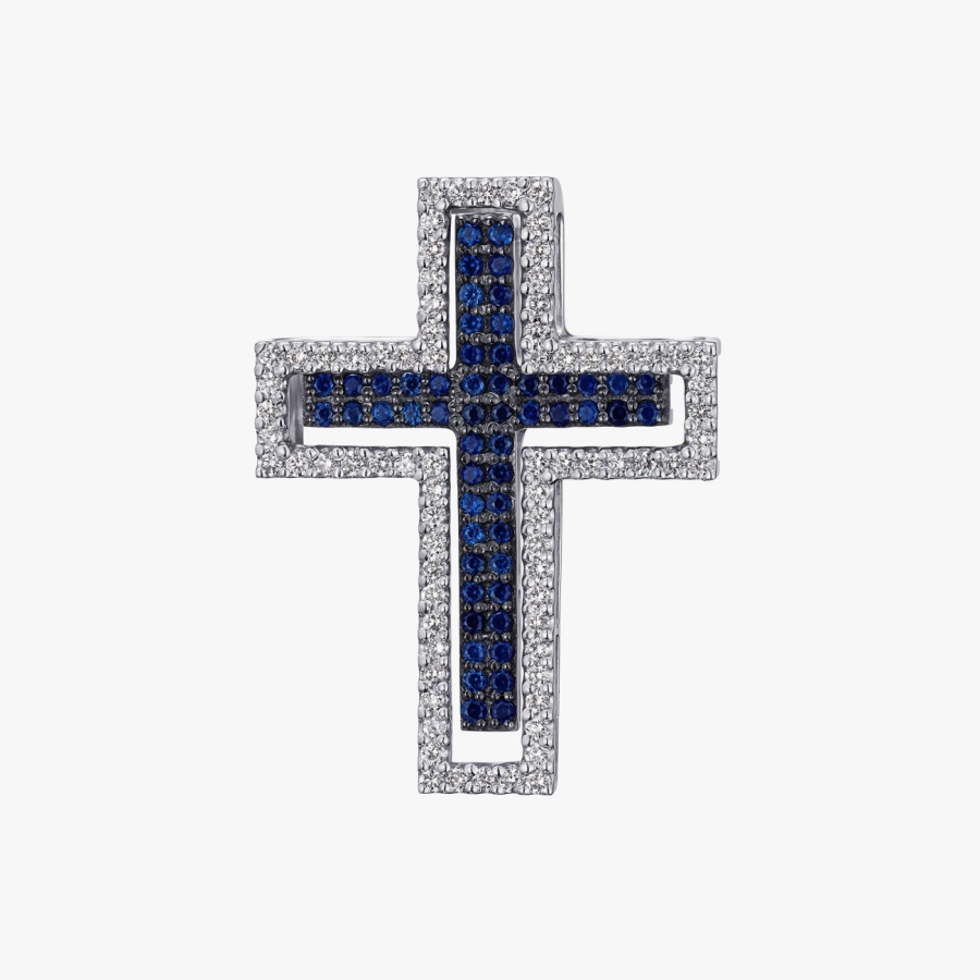 Підвіс-хрест із сапфірами та діамантами у білому золоті - П383.9с