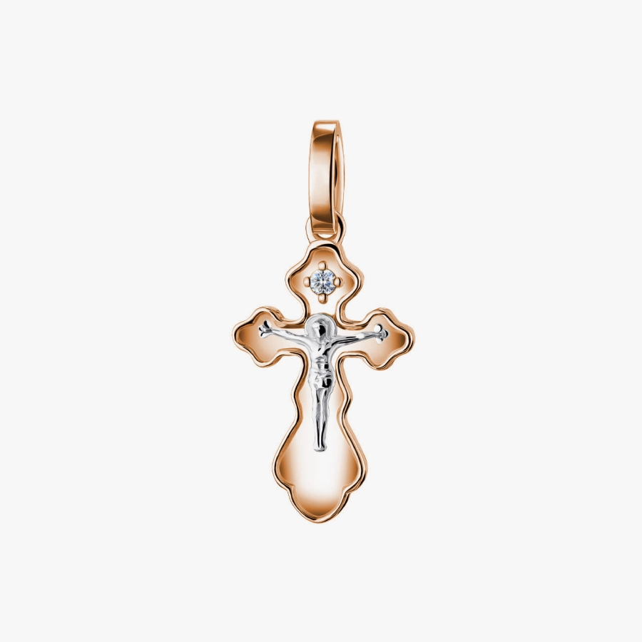 Золотой крест с распятием и бриллиантом - П549