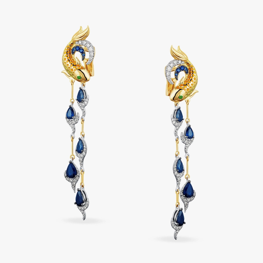 Эксклюзивные длинные серьги с бриллиантами и сапфирами в желтом золоте - С200002