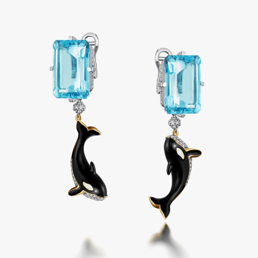 Оригінальні сережки з аметистами, діамантами та підвісками у вигляді касаток - С200003