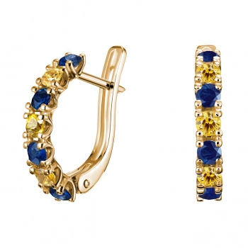 GOLD EARRINGS WITH BLUE AND YELLOW SAPPHIRES - С200072.2ж