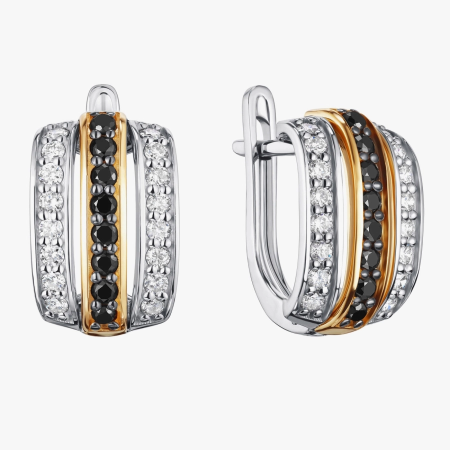 Бриллиантовые серьги из желтого и белого золота с черными и белыми бриллиантами - С200107ч