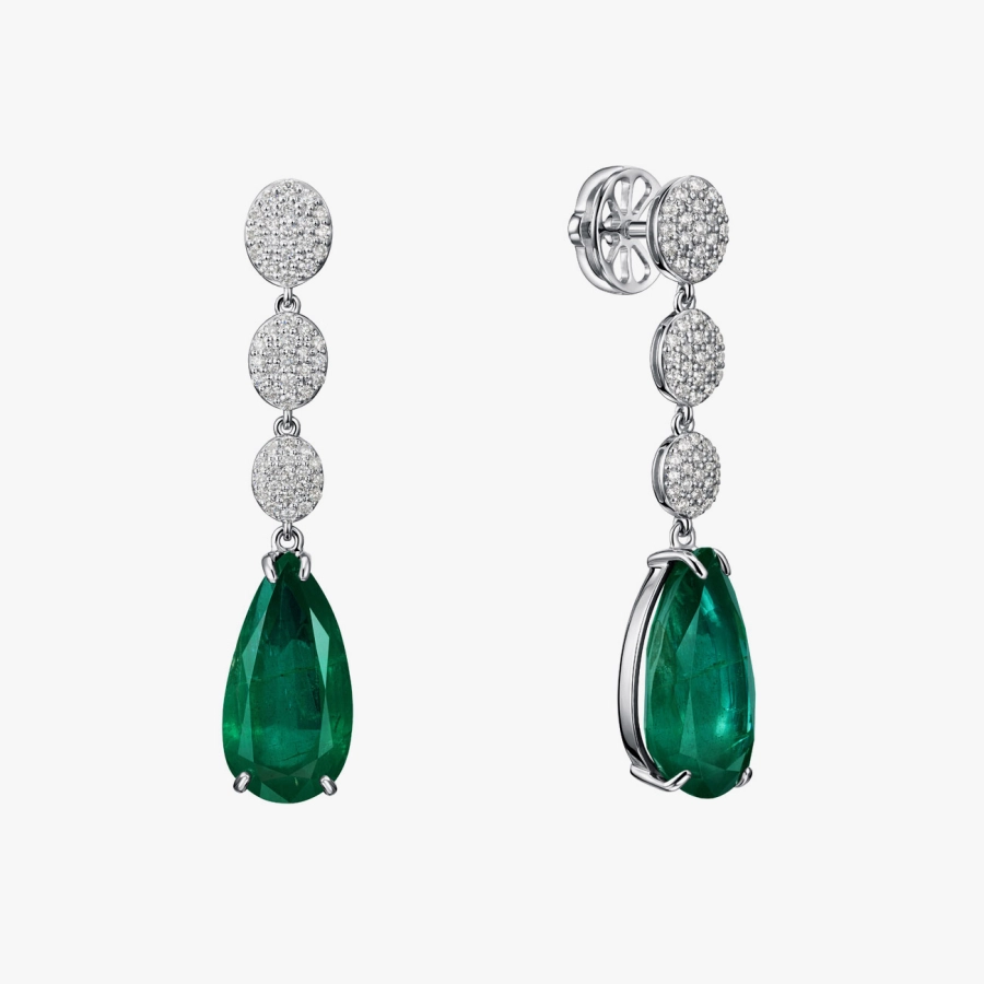 Серьги-подвески с бриллиантами и изумрудами в белом золоте - С200170и