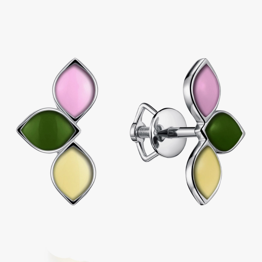 Clover Charm Enamel Earrings in White Gold - С200208