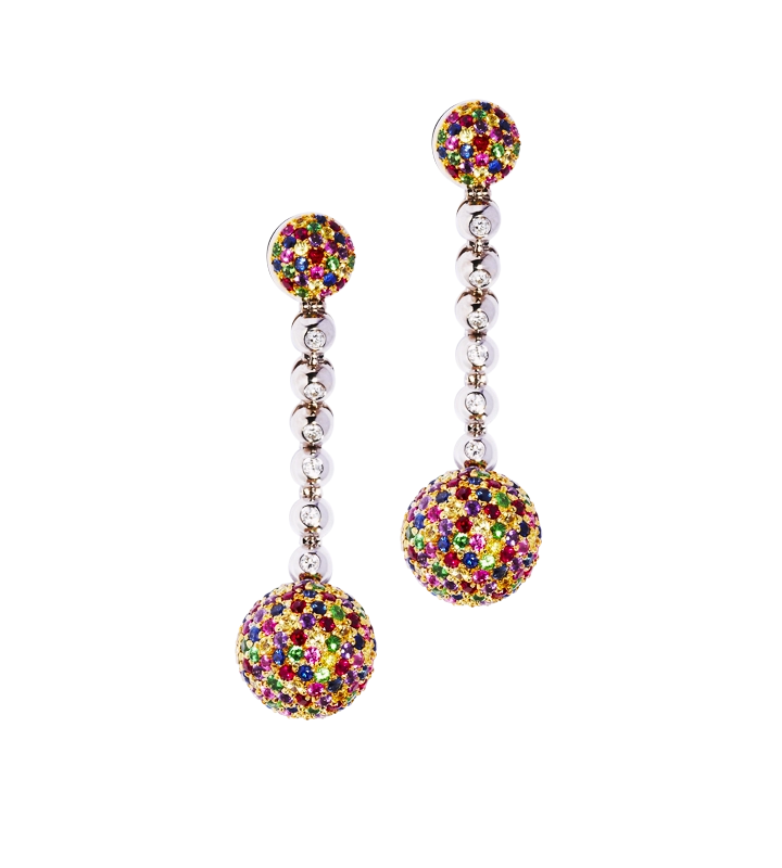 GOLD EARRINGS WITH RUBIES, AMETHYSTS, EMERALDS, DIAMONDS, YELLOW, PINK AND BLUE SAPPHIRES — С2203