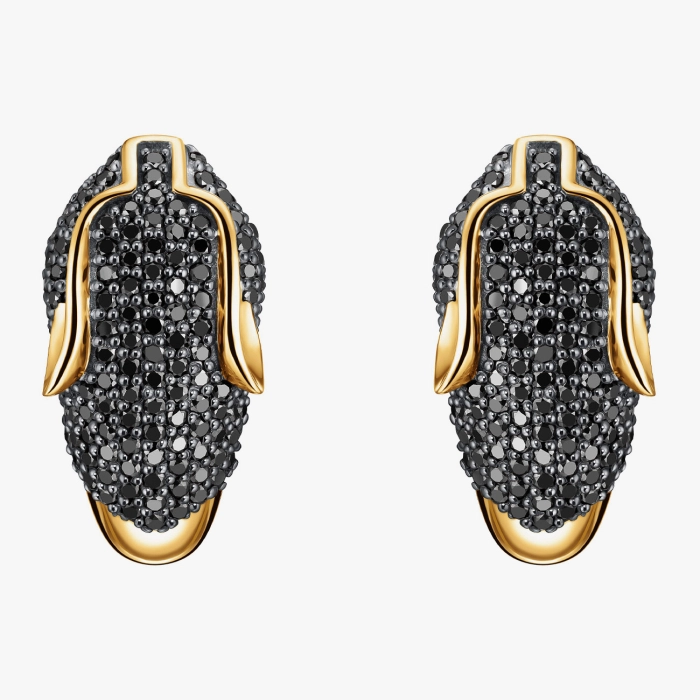 Gold earrings with black diamonds and emeralds in the shape of a panther - С2290