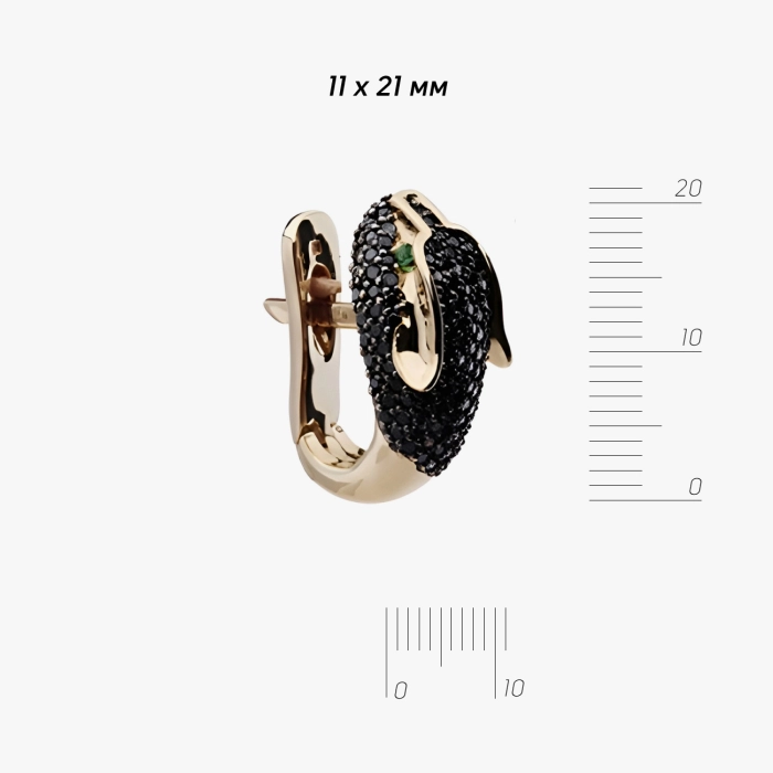 Gold earrings with black diamonds and emeralds in the shape of a panther - С2290