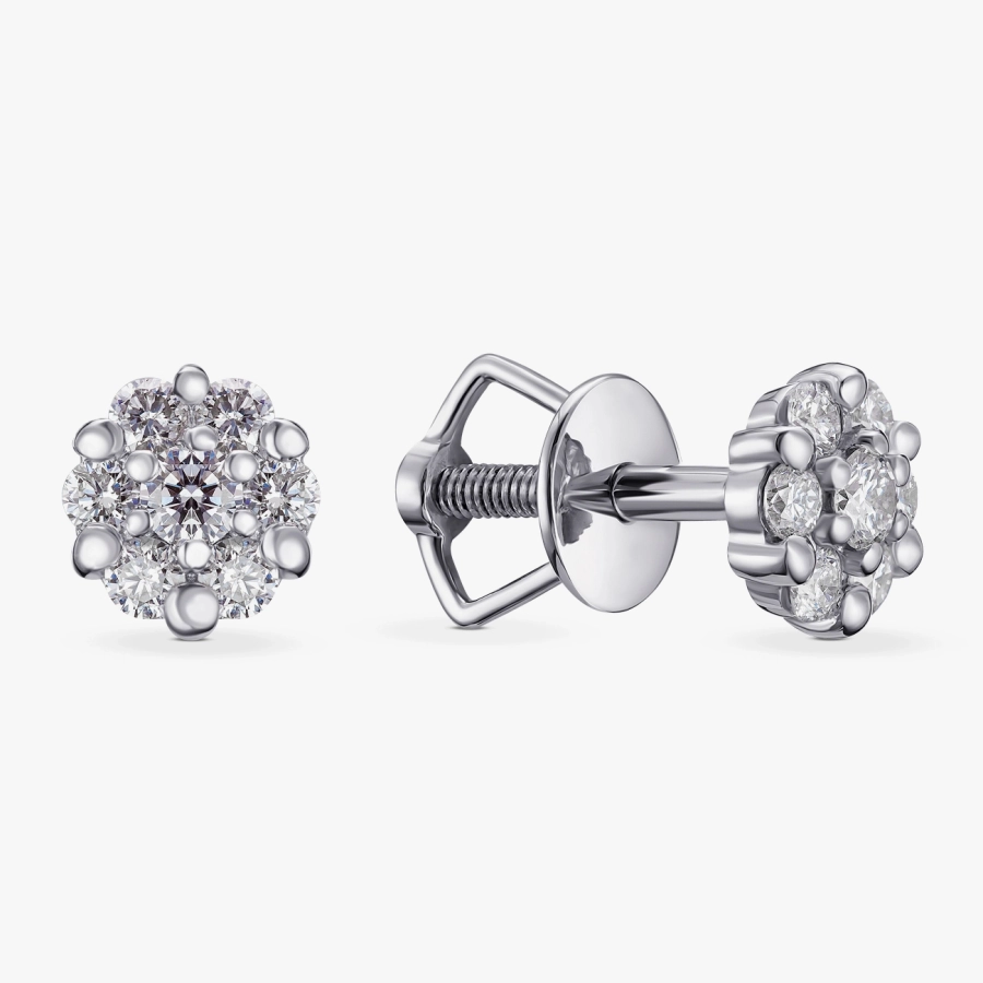 Класичні діамантові сережки-гвоздики у формі квітки з білого золота - С2323