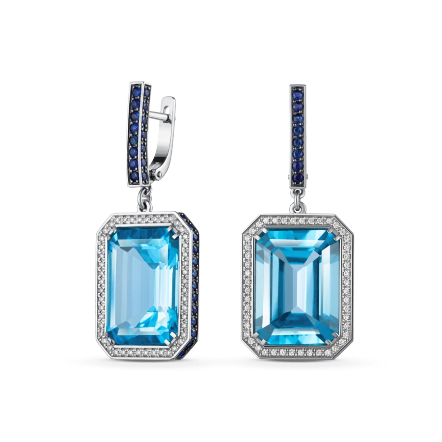 ЗОЛОТЫЕ СЕРЬГИ С САПФИРАМИ, ТОПАЗАМИ И БРИЛЛИАНТАМИ - С2332