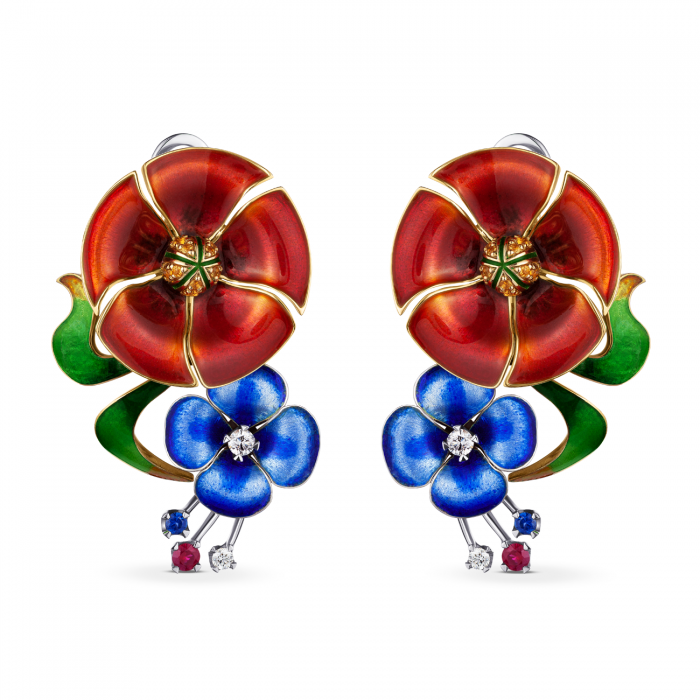 GOLD EARRINGS WITH HOT ENAMEL, SILVER, SAPPHIRE, YELLOW SAPPHIRE, RUBIES AND DIAMONDS — С2357