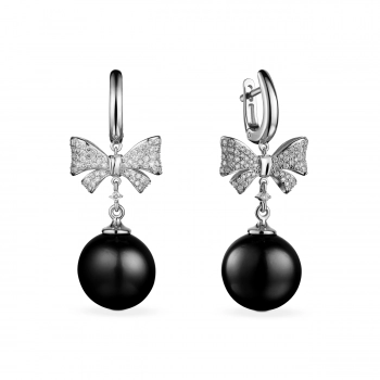 GOLD EARRINGS WITH BLACK PEARLS AND DIAMONDS — С2361
