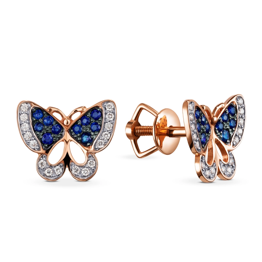 ЗОЛОТІ ПУСЕТИ З САПФІРАМИ ТА ДІАМАНТАМИ - С2409с