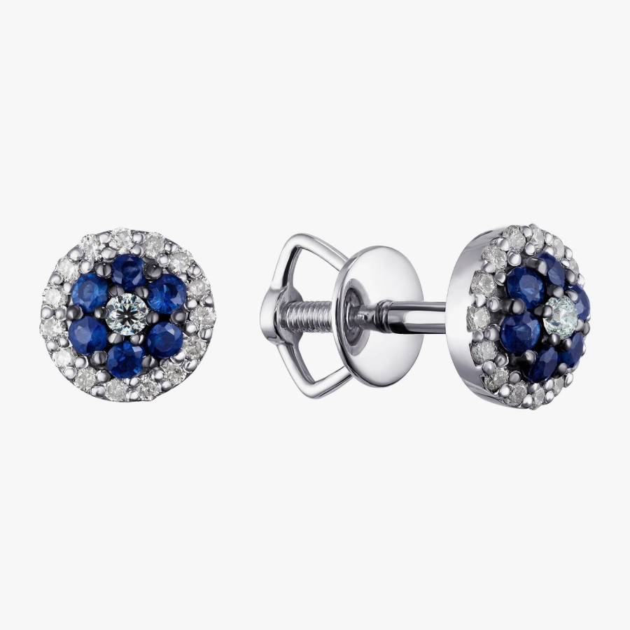 ЗОЛОТІ ПУСЕТИ З САПФІРАМИ І ДІАМАНТАМИ — С2484с