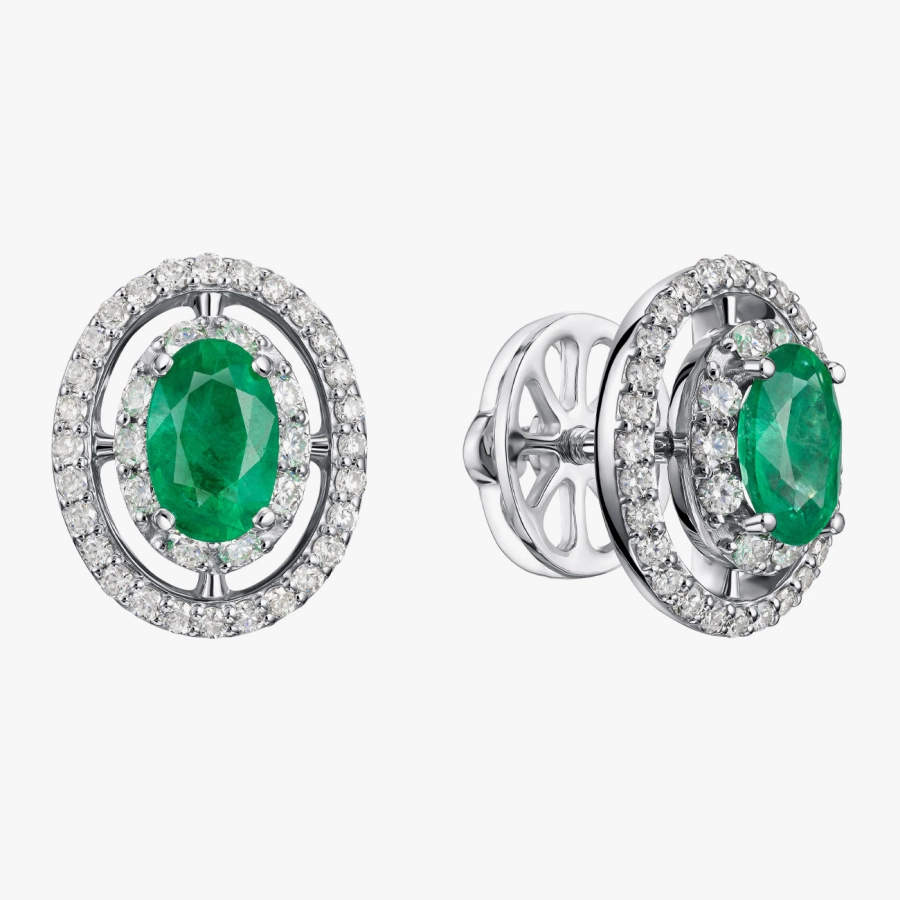 Сережки-пусети з білого золота з діамантами та смарагдами - С2498и
