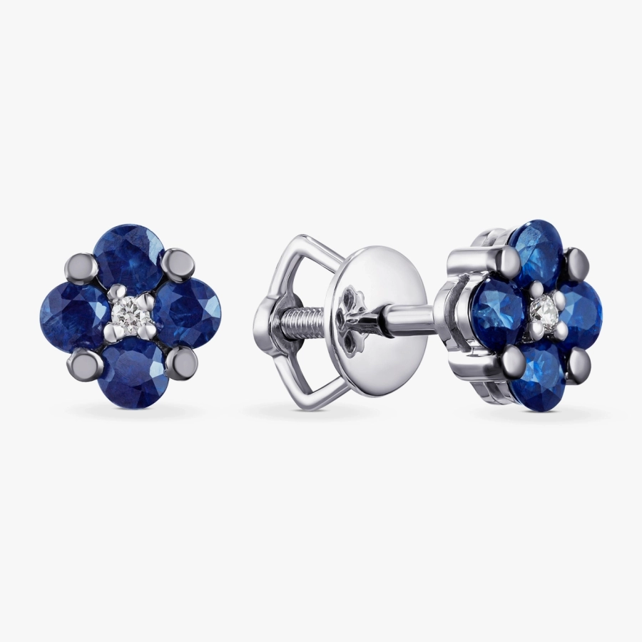 Сережки-пусети «Сапфірові квіти» з білим золотом і діамантами — С2507с