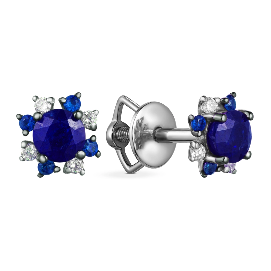 ЗОЛОТІ ПУСЕТИ З САПФІРАМИ І ДІАМАНТАМИ - С2518с