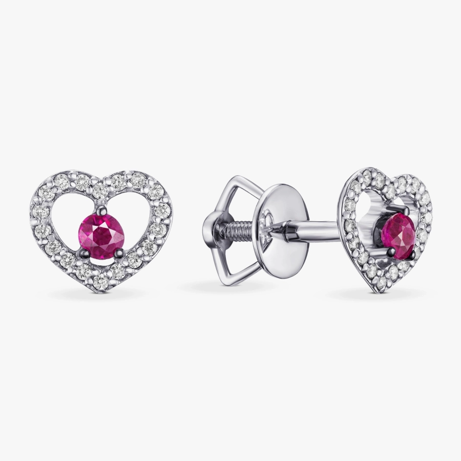 White Gold Heart-Shaped Ruby and Diamond Stud Earrings - С2539р