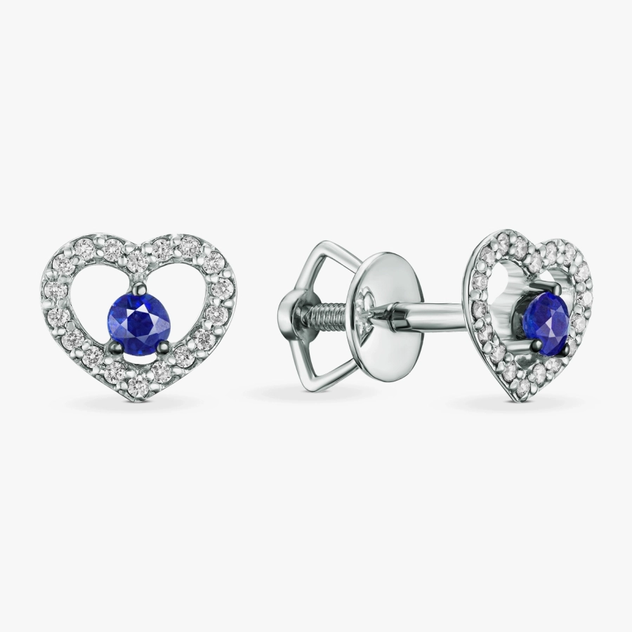 Heart-shaped stud earrings with diamonds and sapphires - С2539с