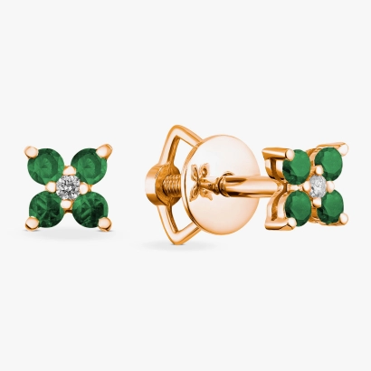 Red gold stud earrings with emeralds and diamonds - С2546и