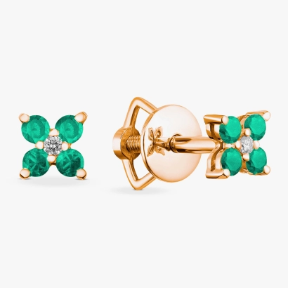 Red gold stud earrings with emeralds and diamonds - С2546и