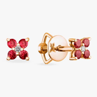 Gold stud earrings with rubies and diamonds - С2546