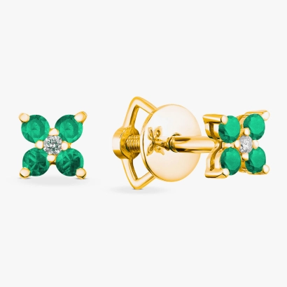 Yellow gold stud earrings with emeralds and diamonds - С2546и