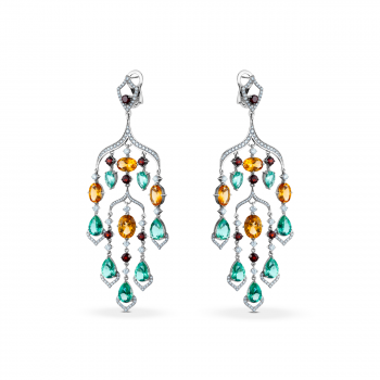 GOLD EARRINGS WITH QUARTZES, GARNETS, CITRINS AND DIAMONDS - С2557