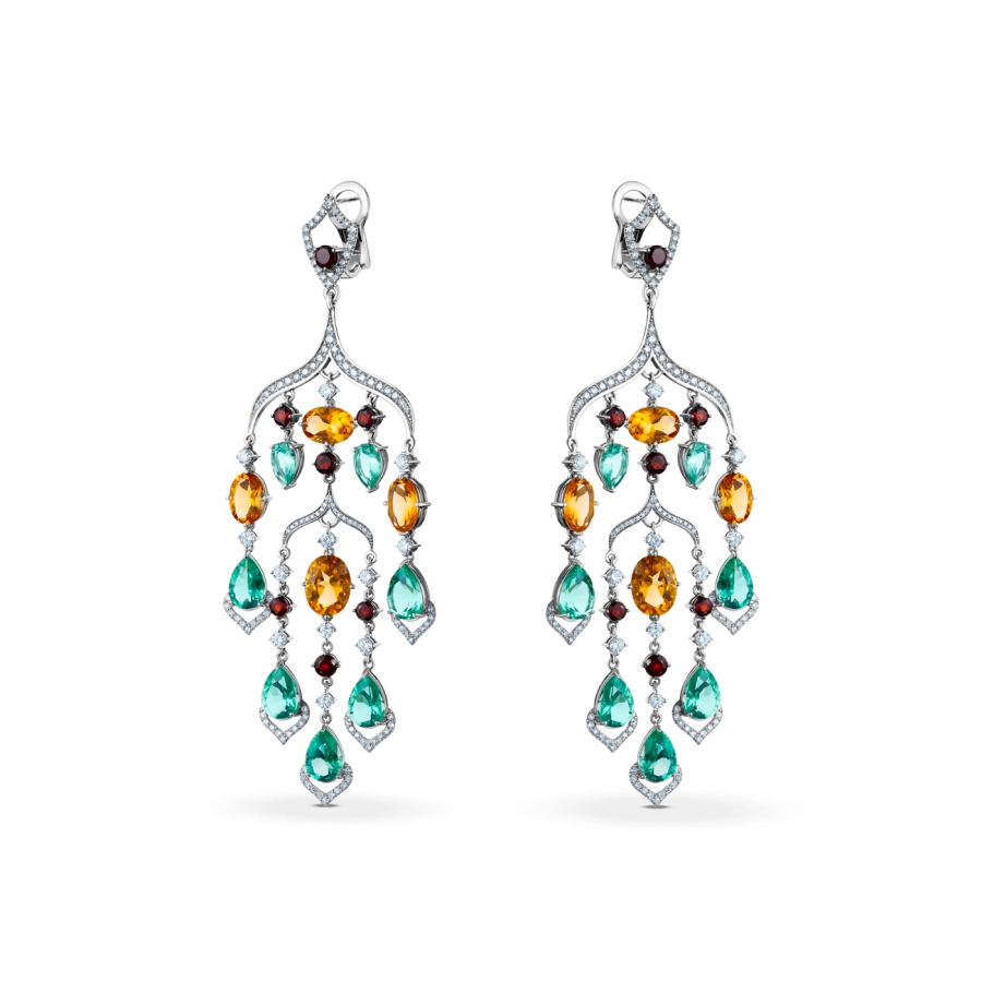 GOLD EARRINGS WITH QUARTZES, GARNETS, CITRINS AND DIAMONDS - С2557