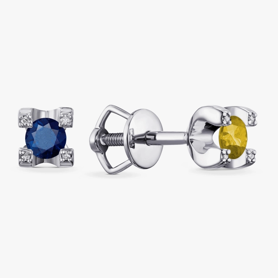 Патриотические пусеты с белым золотом, синим и желтым сапфирами - С2634сж