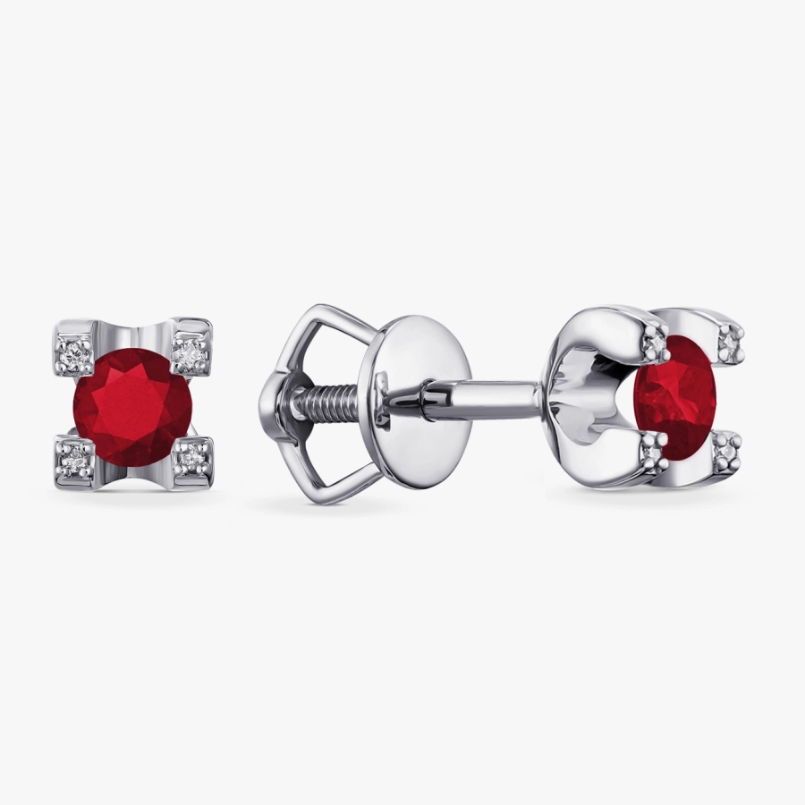 Stud earrings with rubies and diamonds in white gold - С2634р