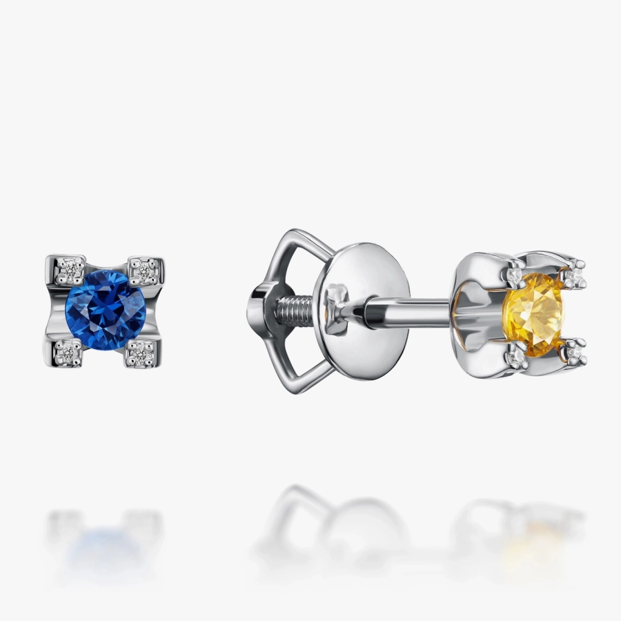 Сережки-пусети з жовтим та синім сапфіром і діамантами - С2723сж