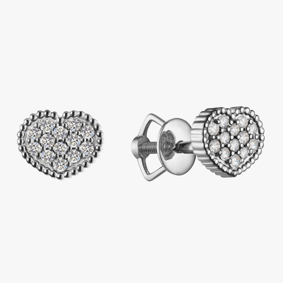 Heart-shaped stud earrings with scattered diamonds - С2774