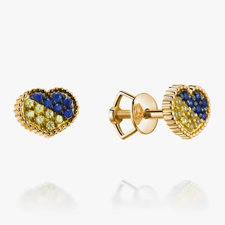 Heart of Ukraine Stud Earrings with Yellow and Blue Sapphires - С2774сж
