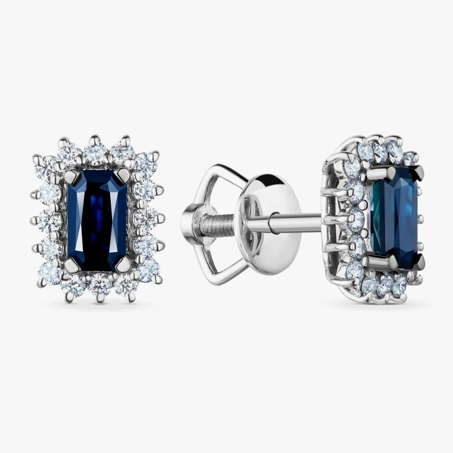 Серьги-пусеты с белым золотом, сапфирами и бриллиантами - С2815с