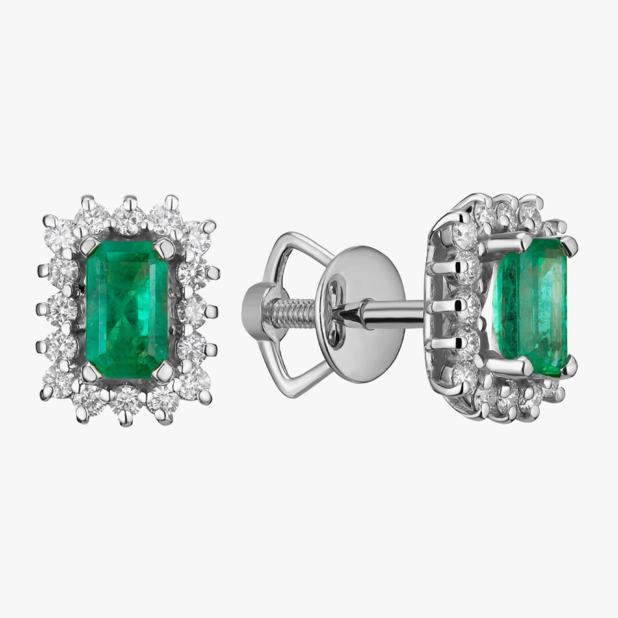 Сережки-пусети з білого золота з смарагдами та діамантами - С2815и