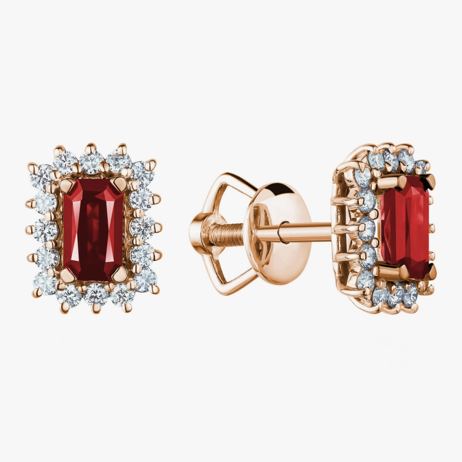 Сережки з рубінами та діамантами в обрамленні з червоного золота - С2815р