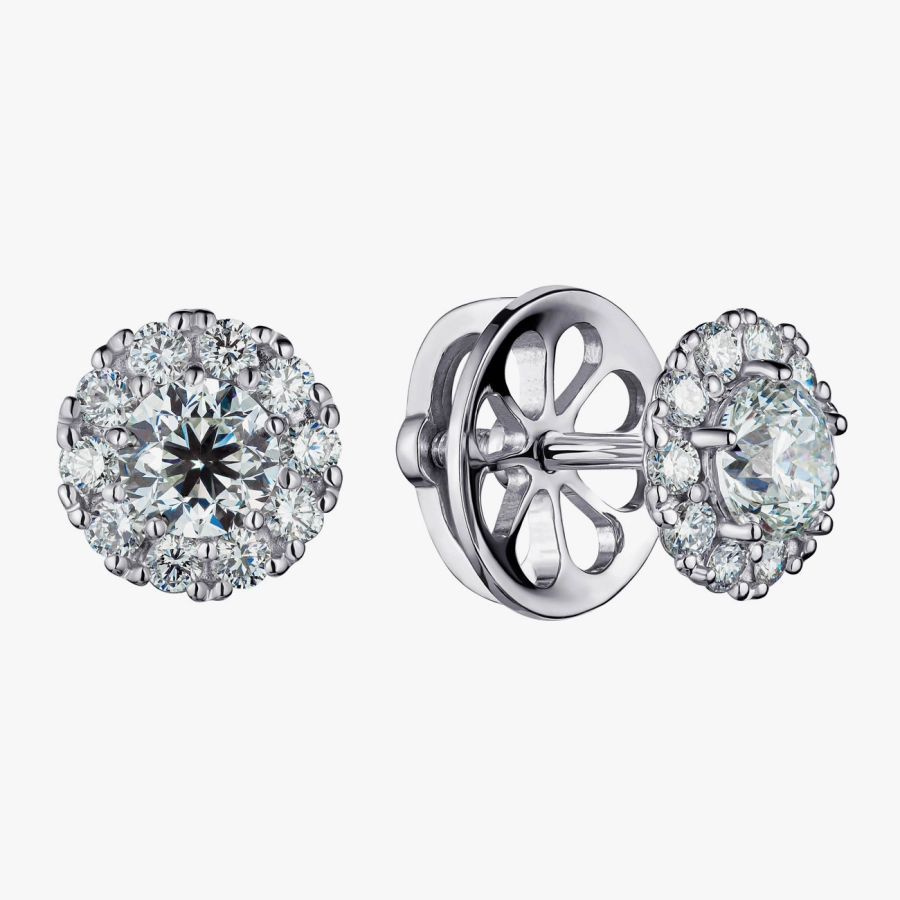 White Gold Diamond Halo Stud Earrings - С2839.38